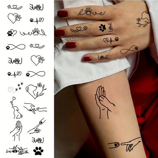 2pcs Waterproof Temporary Tattoo Stickers - Black Symbol, Animal Paw Prints, Hearts, Infinity, Peace Signs, Handshake & EKG Designs for Fingers, Wrists, Arms, Legs, Neck - Realistic Body Art for Daily Wear & Parties, Creative