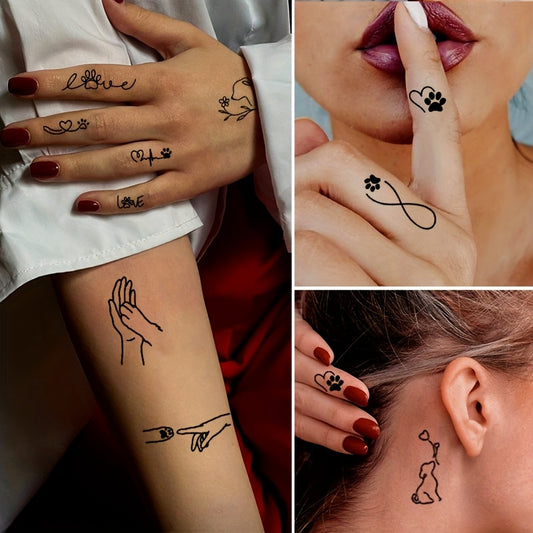 2pcs Waterproof Temporary Tattoo Stickers - Black Symbol, Animal Paw Prints, Hearts, Infinity, Peace Signs, Handshake & EKG Designs for Fingers, Wrists, Arms, Legs, Neck - Realistic Body Art for Daily Wear & Parties, Creative