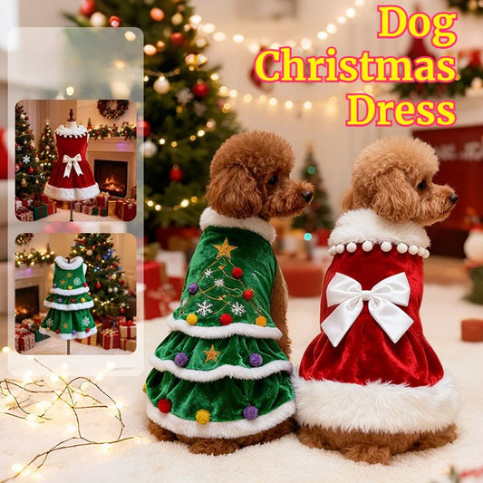 Dog Christmas Dress Christmas Sweater, Pet Xmas Outfits,Pet Fall Clothes for Dogs Girl, Velvet Puppy Dresses, Kitty Cat Apparel