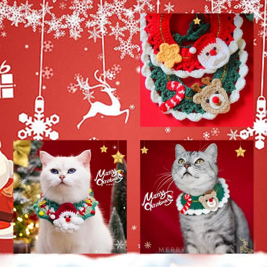 Hand Woven Cat Clothing Costume Christmas Scarf Collar Bib Drool Towel Cat Dog Decoration Handmade Knitting Yarn Funny Outfit